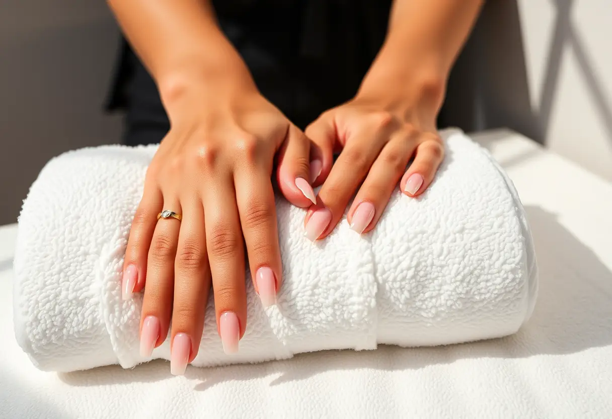 Mains luxueusement entretenues reposant sur un gant blanc dans le salon