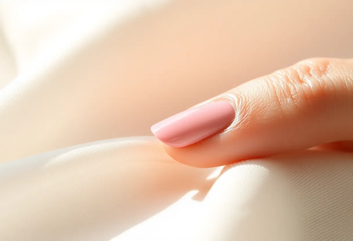 Ongle vernis posé sur un tissu doux, lumière naturelle