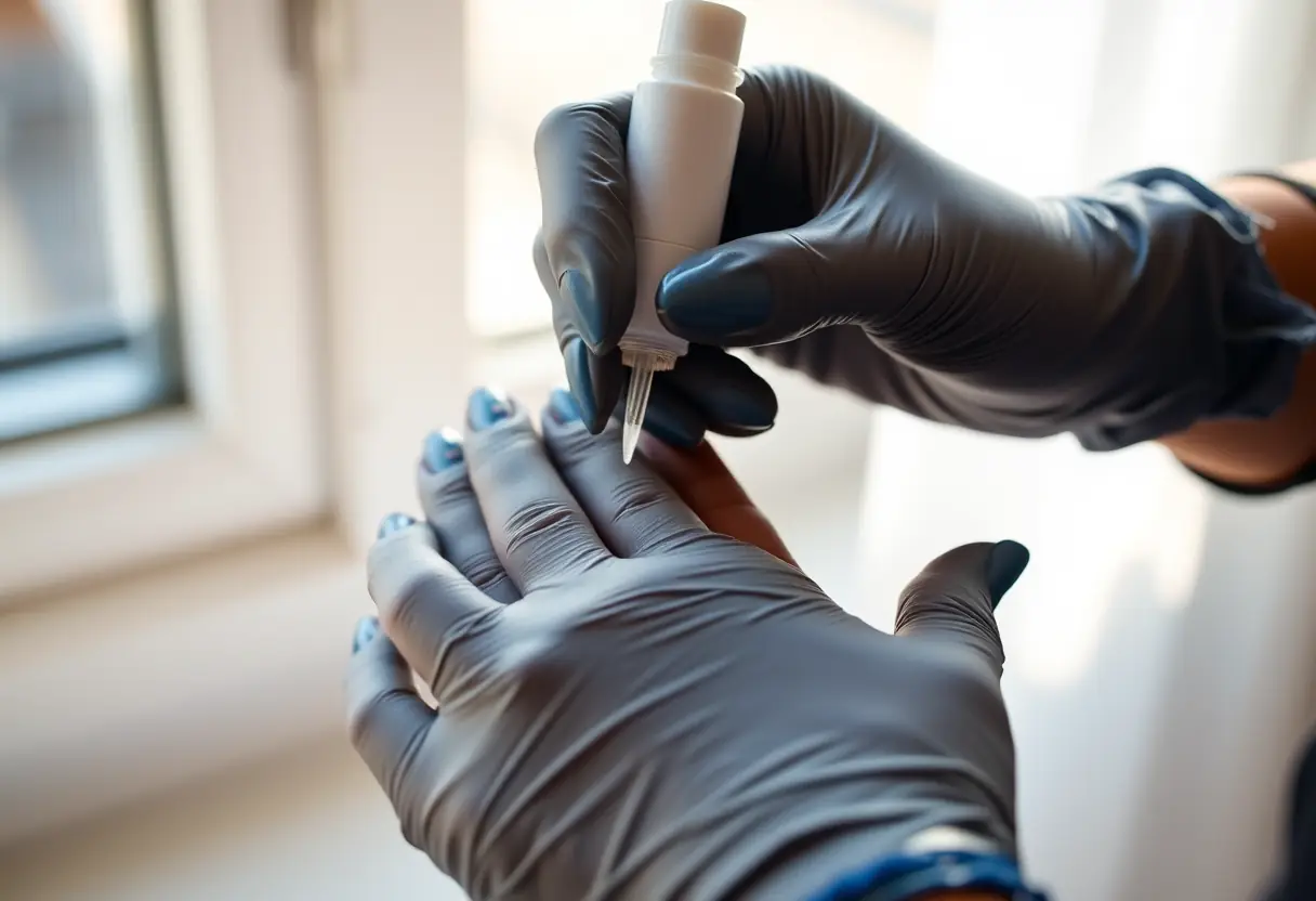 Mains gantées appliquant un top coat sur un ongle décoré de motifs floraux, lumière du matin