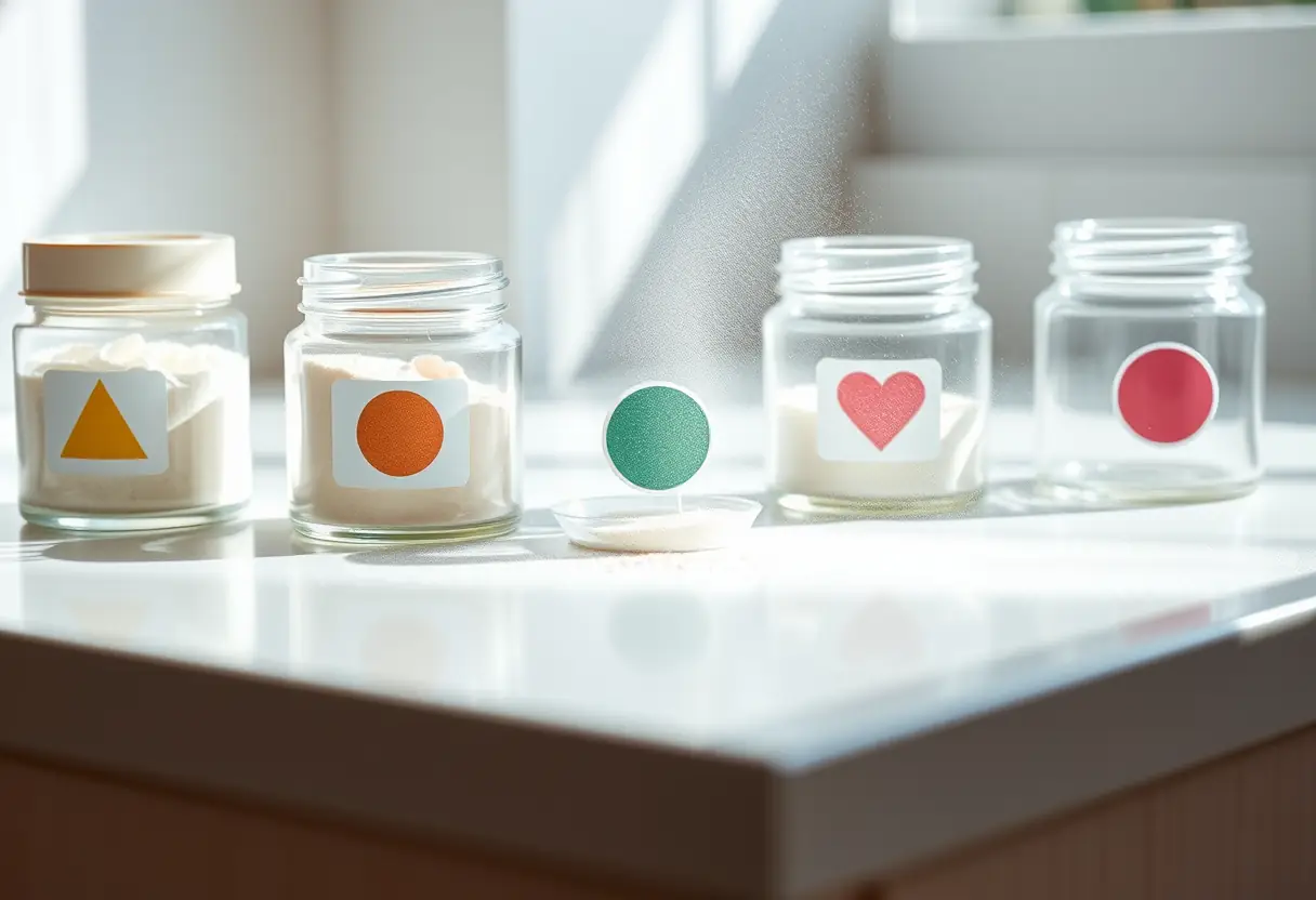 Jars de poudre acrylique sur un comptoir blanc, sous une lumière naturelle douce