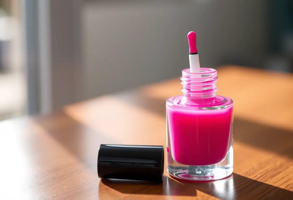 Bottte de vernis semi-permanent rose pâle sur une table