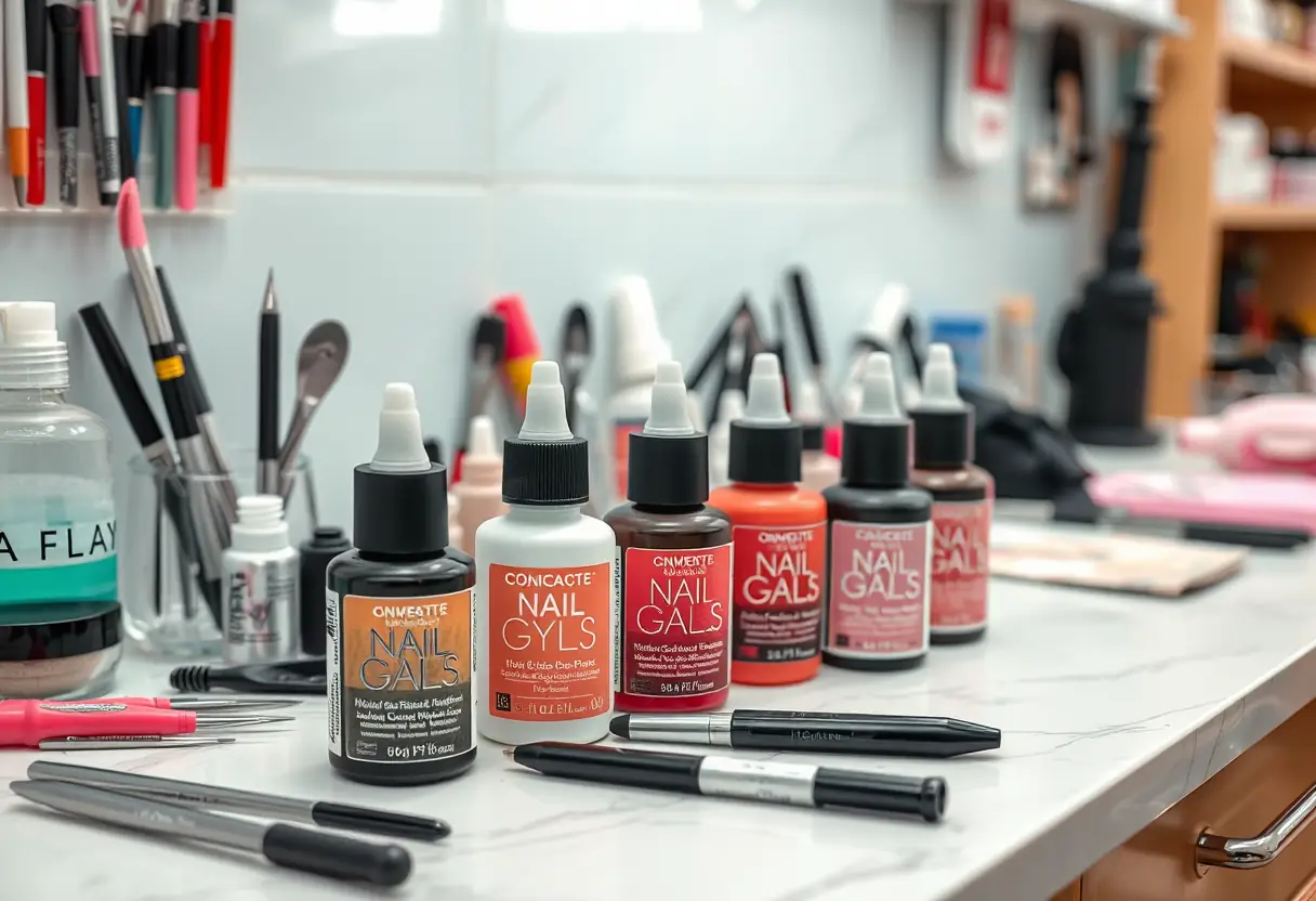 Un comptoir de salon d'esthétique garni d'outils et de bouteilles de gel spécialisées pour les extensions d'ongles