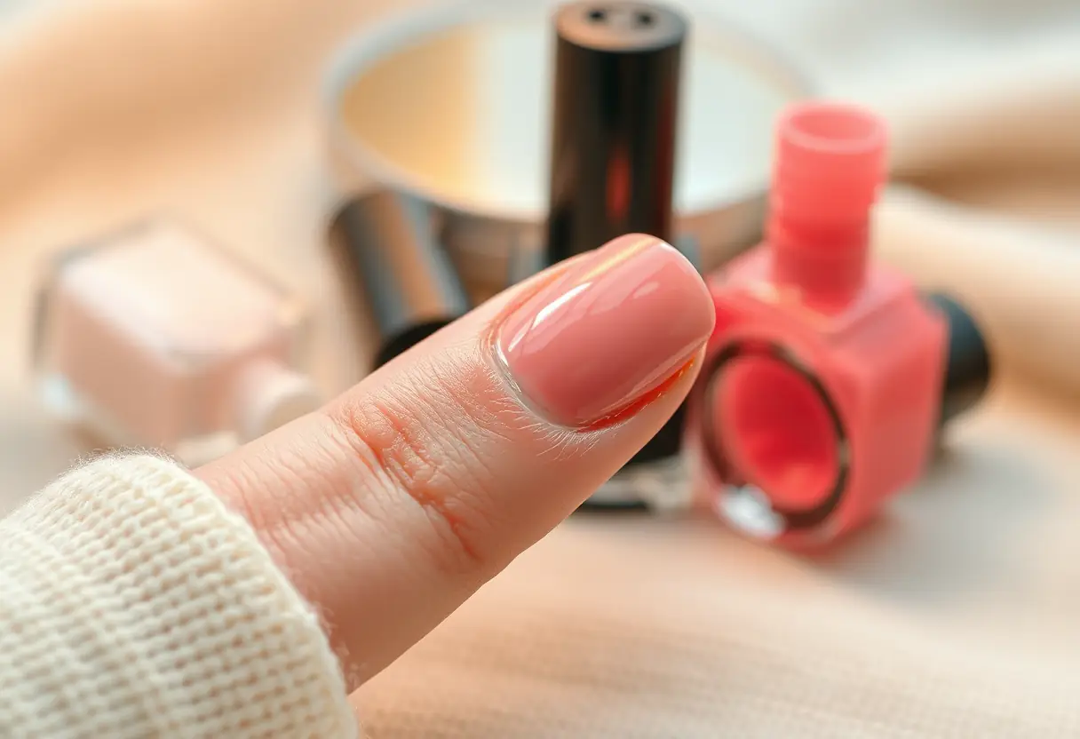Ongle bien entretenu sous lampe de bureau, vernis semi-permanent sans écaillage, accessoires de manucure