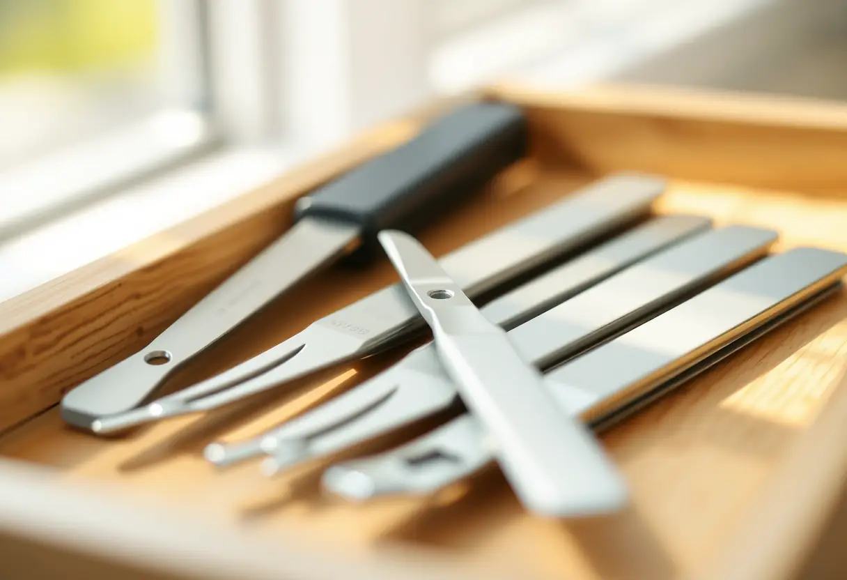 Outils de manucure posés sur un plateau, lumière naturelle