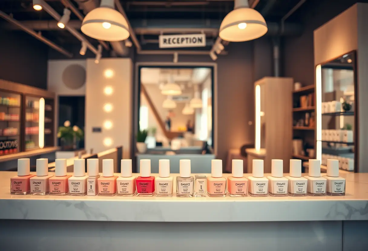 Comptoir de vernis à ongles dans un salon de coiffure, lumière chaude