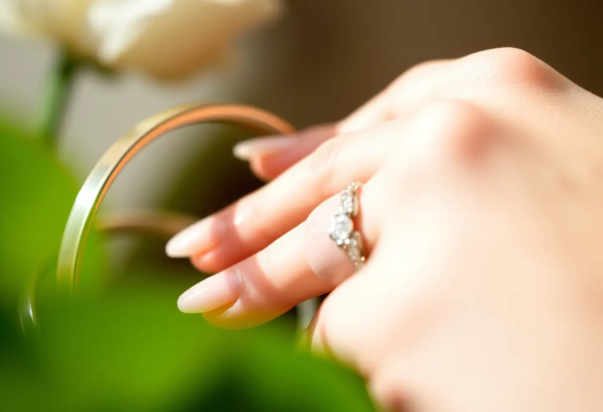 Ongles nus délicats avec un bracelet assorti pour mettre en valeur la bague de fiançailles