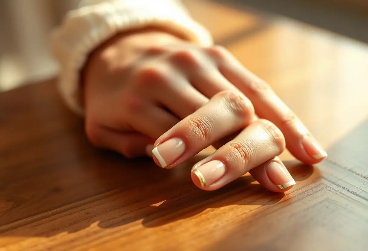 Ongles soigneusement manucurés reposant sur une table en bois, finition française avec un léger trait doré, éclairage naturel