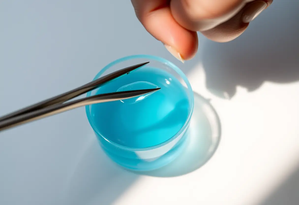 Main focus sur un bol contenant du gel translucide, outil de manucure, ongles et beaute