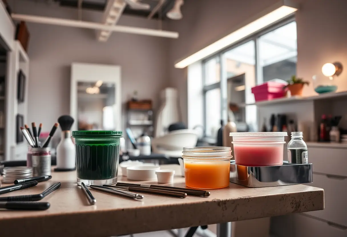 Salon de beauté bien éclairé avec divers outils et contenants de gel, ongles et beaute