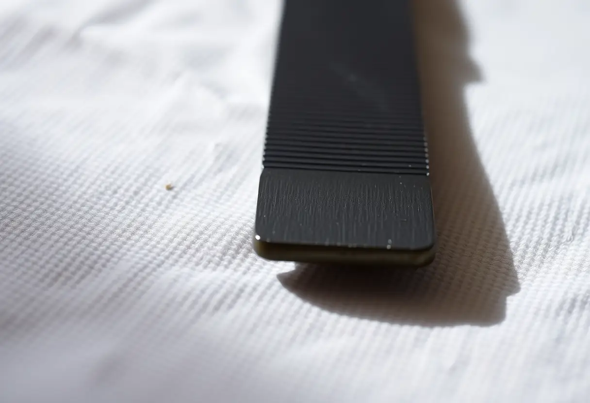 Un couteau à ongles sur un tissu blanc, éclairé naturellement, outil de soin des ongles