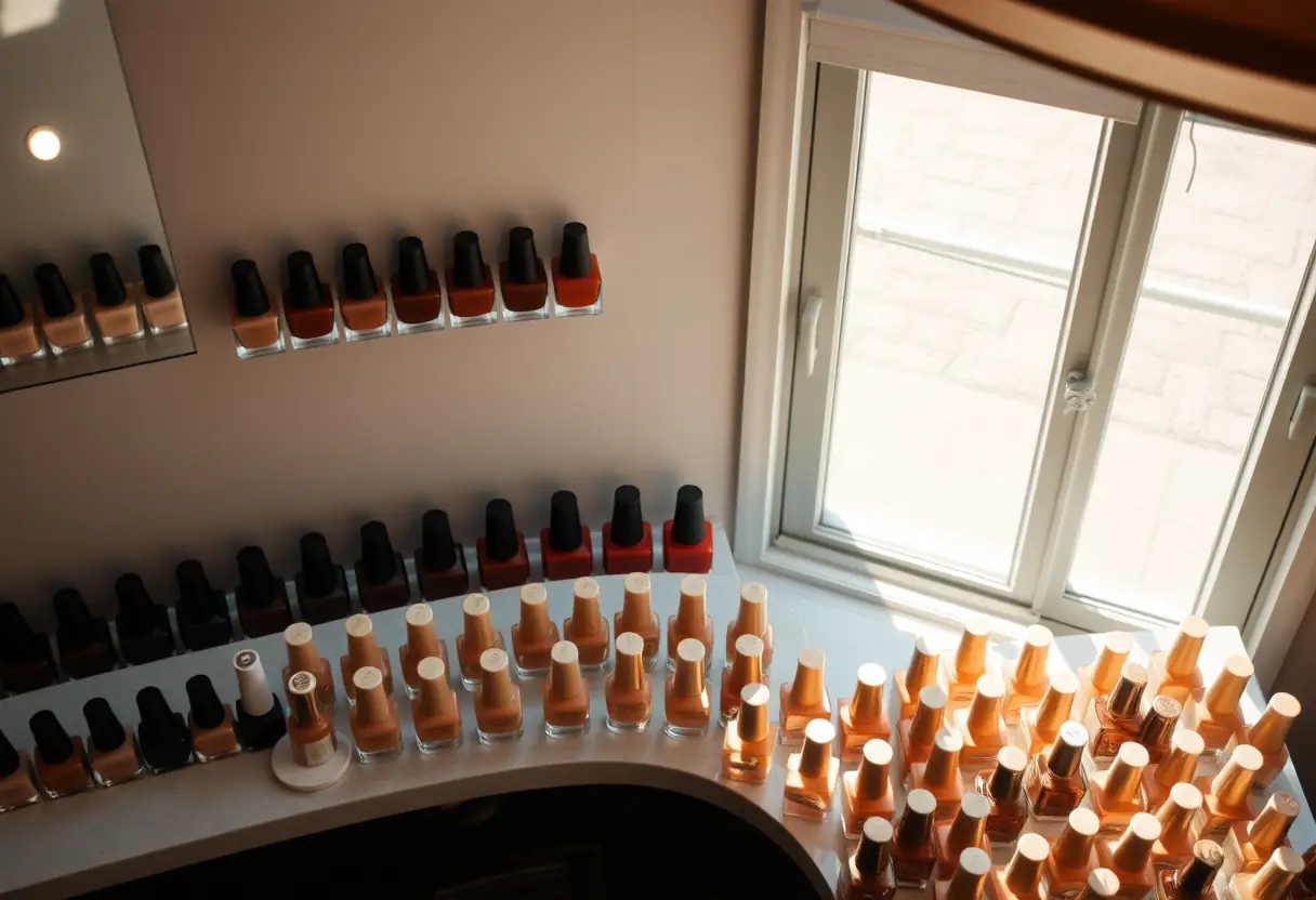 Palette de vernis bruns et dorés sur un bureau de nail art