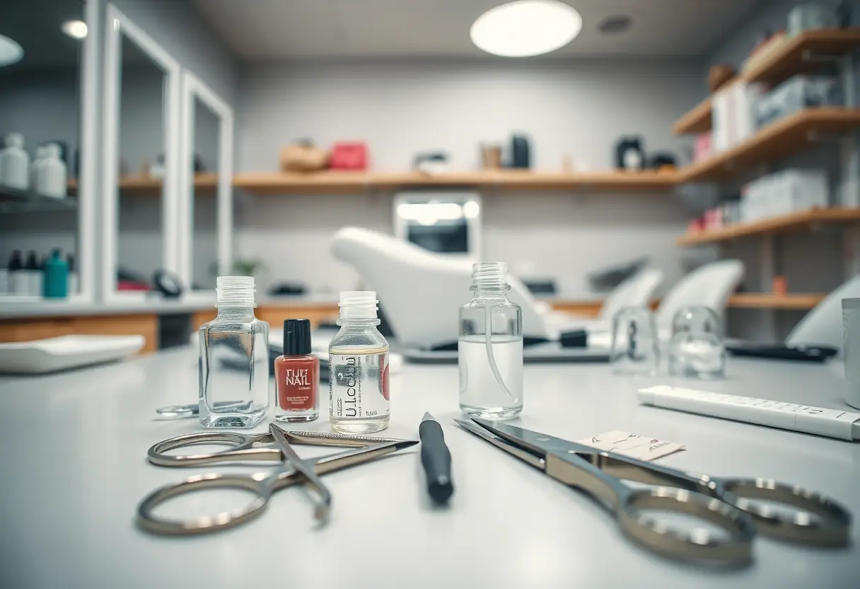 Outils de manucure dans un salon d'ongles, lumière naturelle
