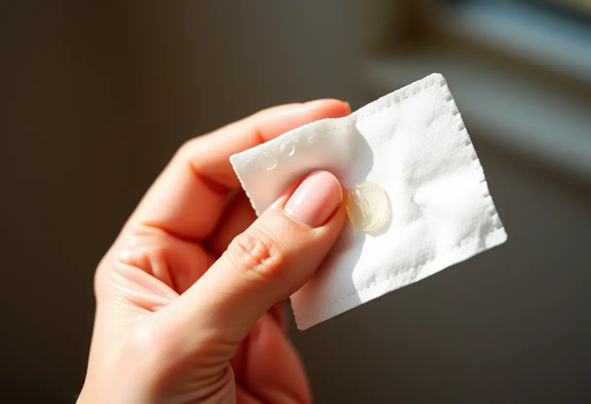 Une main tenant un tampon imbibé d'acétone posé sur un ongle abîmé