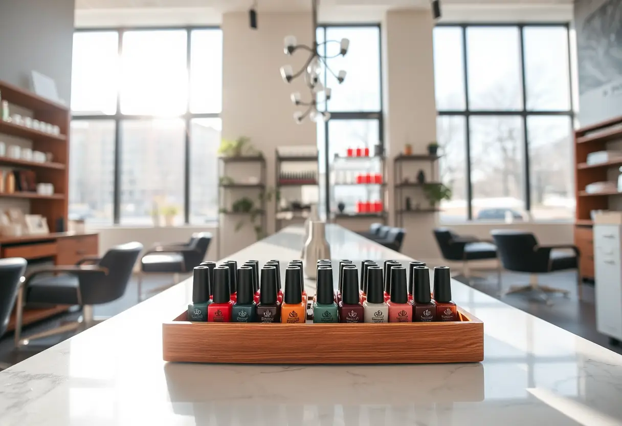 Bouteilles de vernis organisées sur un plateau de bois, préparation pour la manucure dégradée