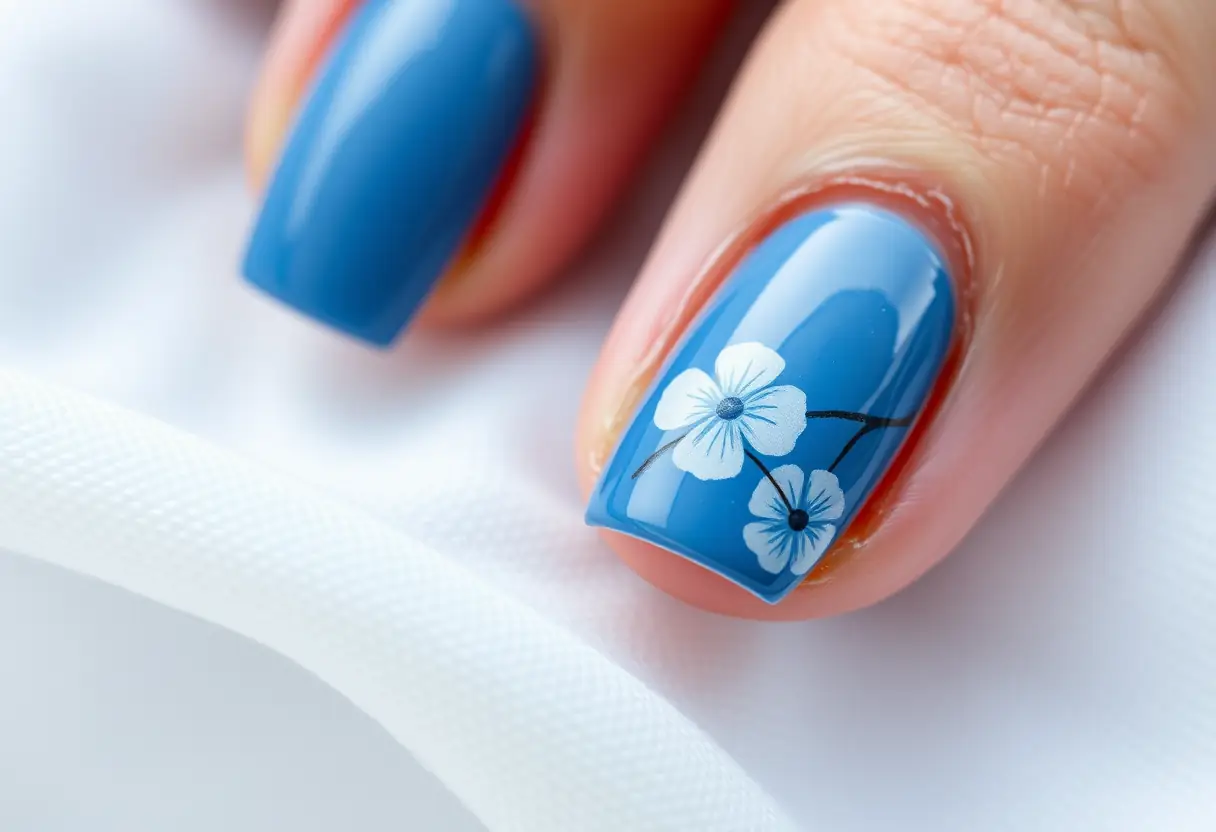 Ongles bleus et blancs avec des fleurs peintes à la main, manucure de mariage