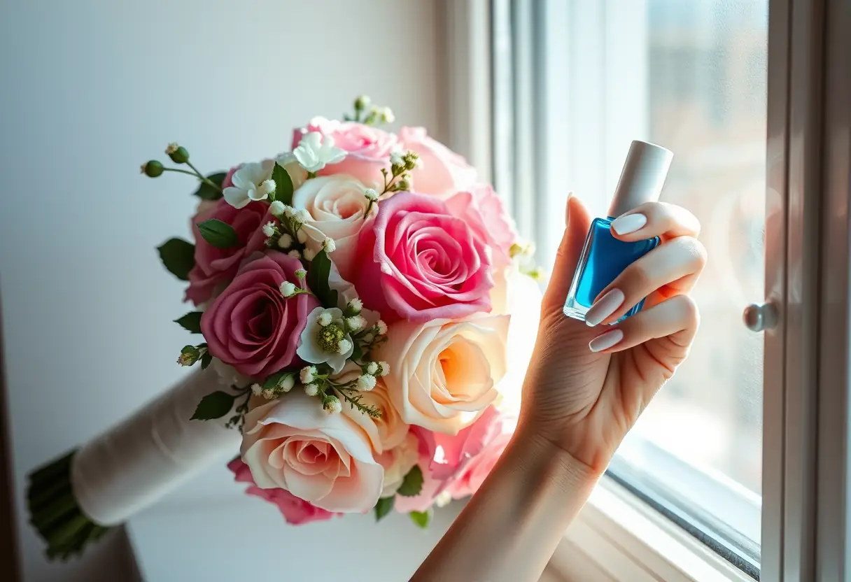 Bouquet de mariage et bouteille de vernis bleu et blanc, manucure de mariage