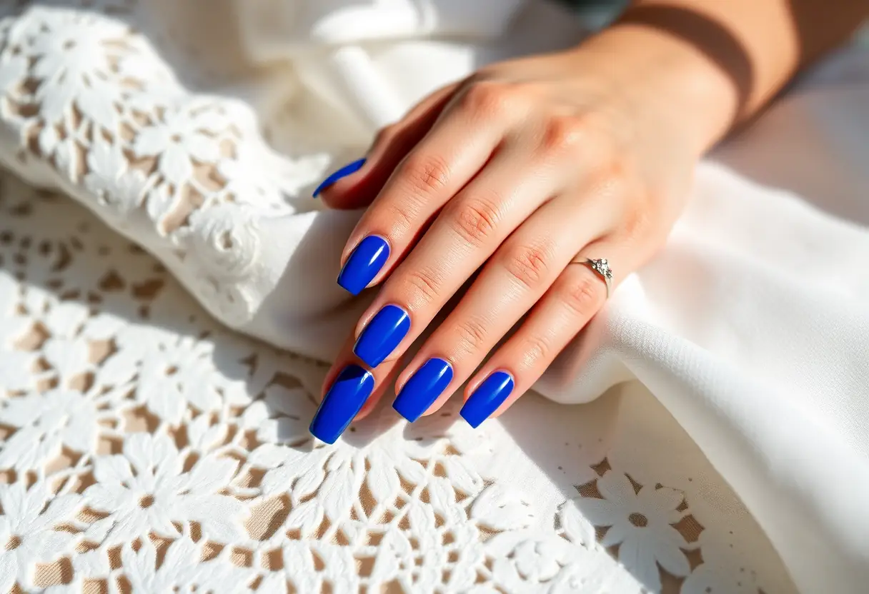Main de future mariée aux ongles bleu roi posée sur un torchon brodé