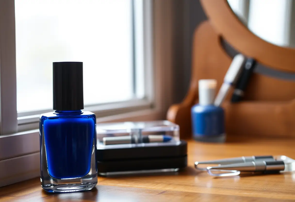 Bouteille de vernis bleu roi sur une coiffeuse