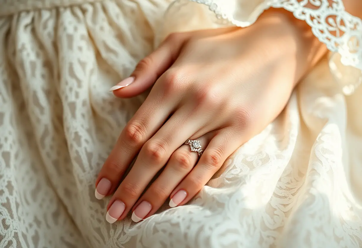 Main de mariée posée sur une robe de dentelle