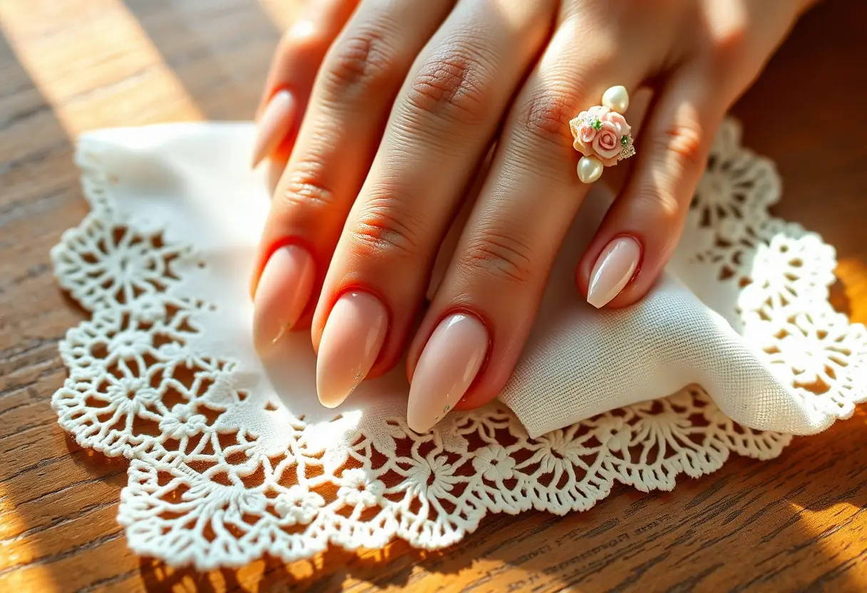 Ongles décorés de motifs floraux sur un mouchoir en dentelle