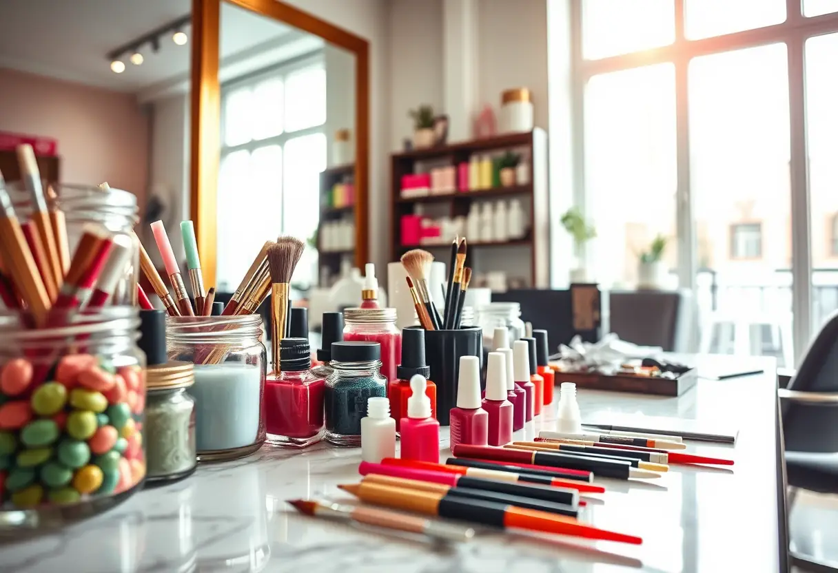 Bureau d'accueil d'un salon de manucure, étagère pleine de bouteilles de vernis à ongles colorés et outils de nail art, lumière naturelle