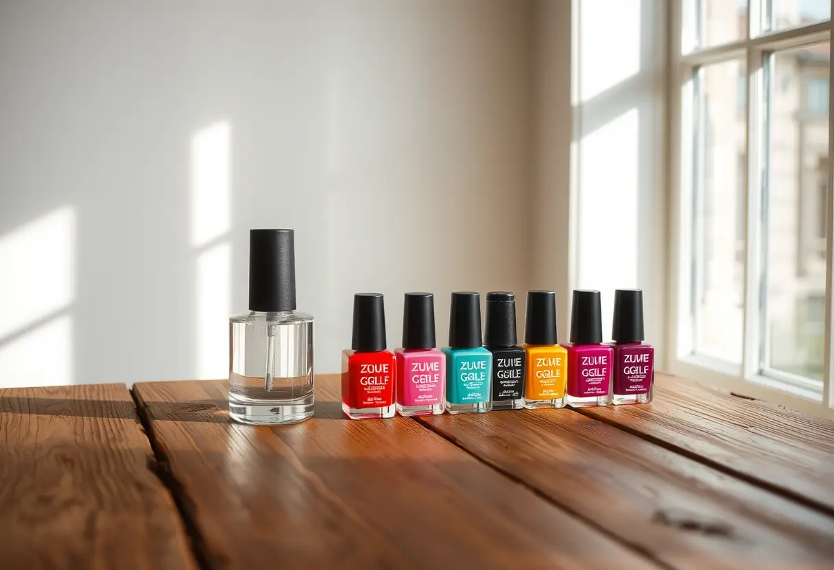 Un bureau avec des bouteilles de polissage en gel