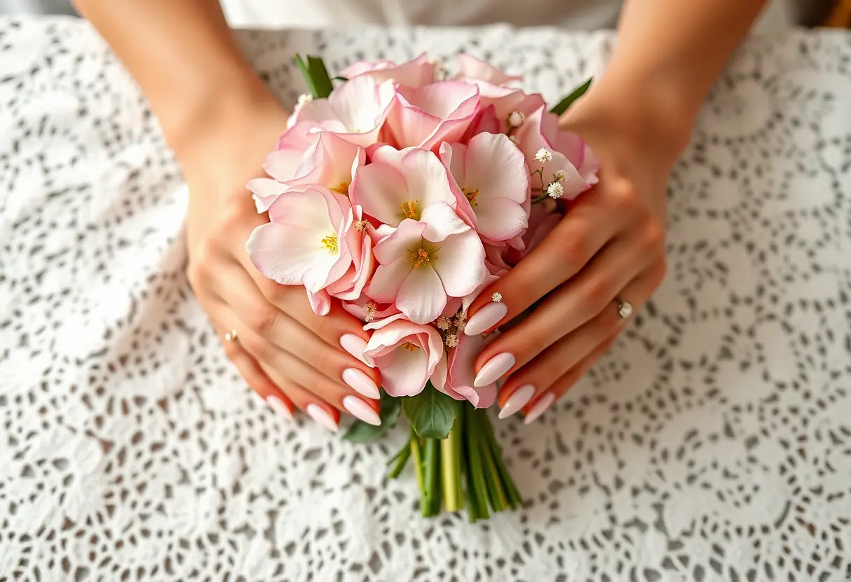 Des mains manucurées tenant un bouquet de fleurs