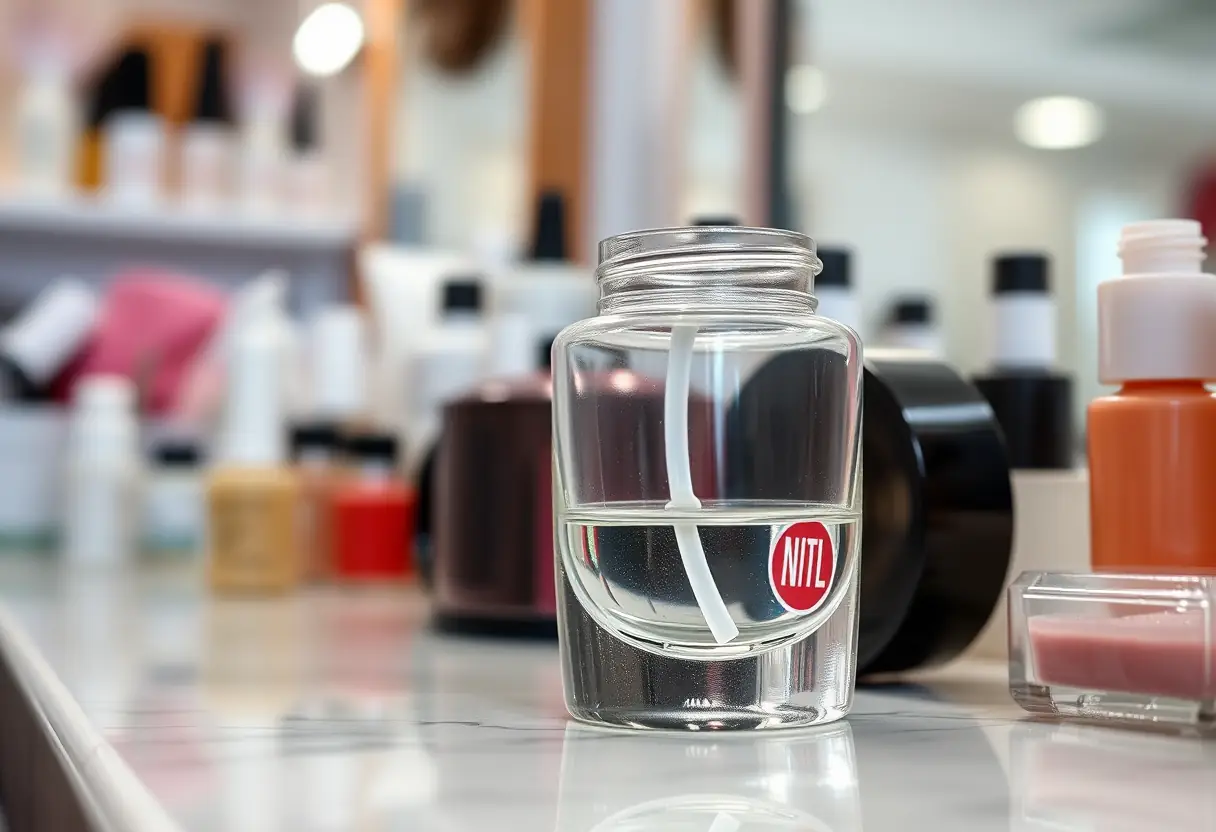 Pot partiellement rempli de vernis transparent sur un comptoir de coiffeur, lumière naturelle, soins des ongles
