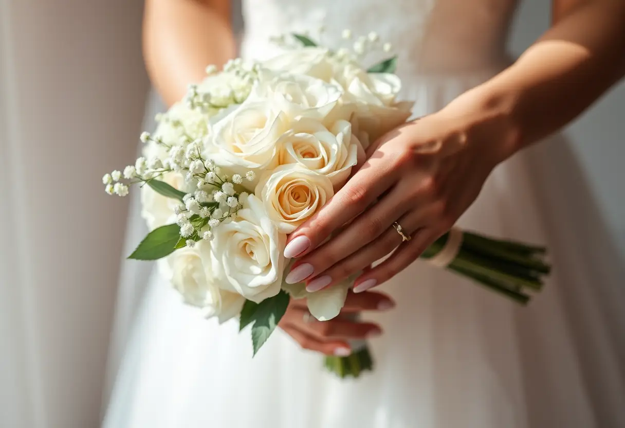 Main de future mariée tenant un bouquet de mariage