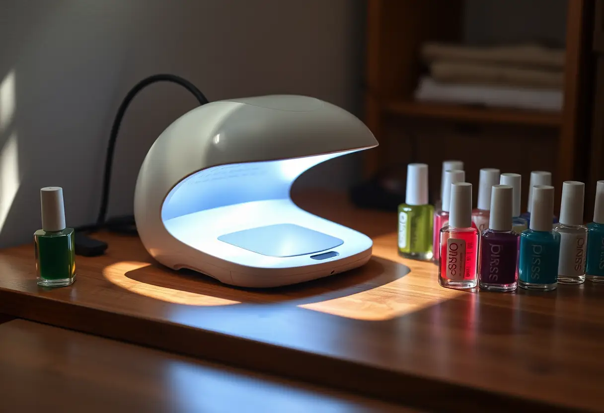 Une lampe UV bien utilisée sur une table de manucure, entourée de bouteilles de gels colorés