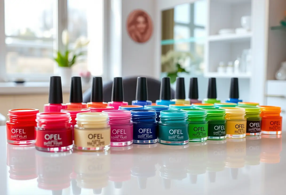 Des pots de gel colorés disposés sur un comptoir propre dans un salon de manucure professionnel, reflétant la lumière naturelle