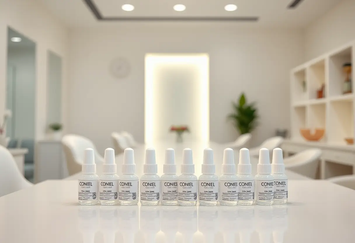 Bouteilles de gel rangées sur un comptoir blanc dans un salon de nail art