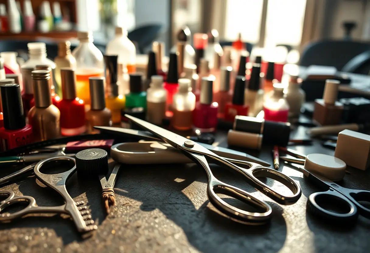 Des ciseaux de manucure bien utilisés sur une table chargée dans un salon de coiffure