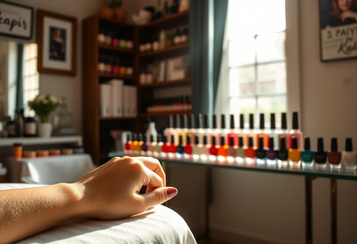 Main de cliente posée sur un tissu blanc dans un salon de beauté, avec des bouteilles de vernis en arrière-plan