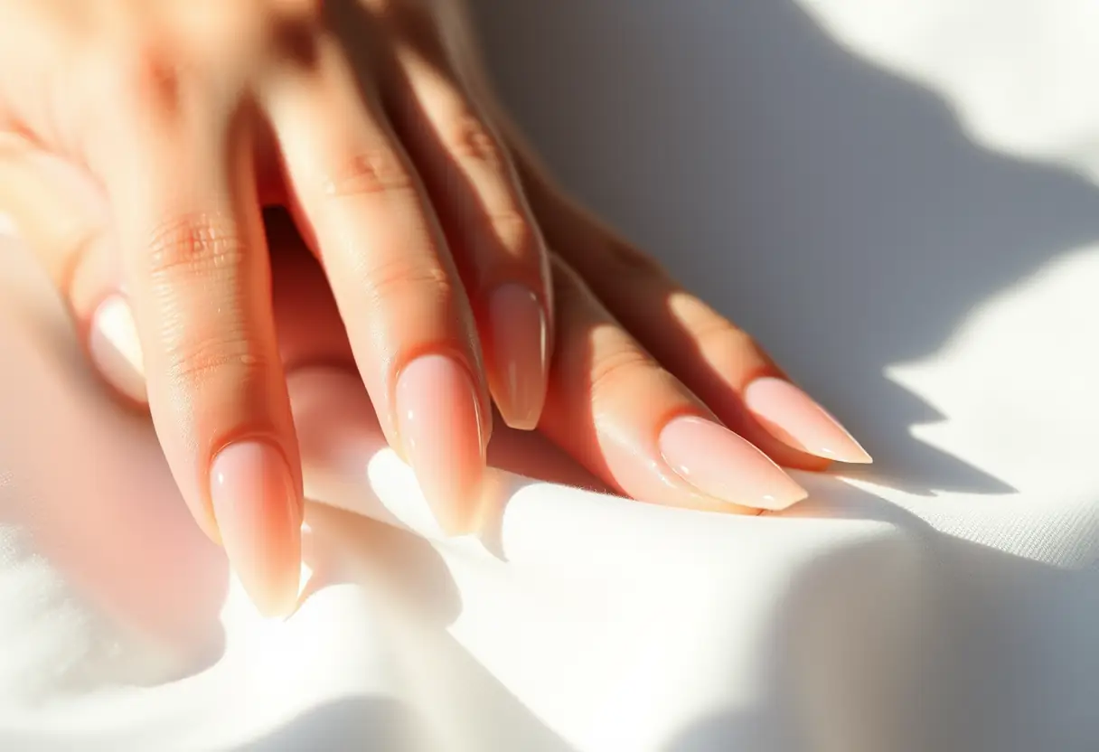 Ongles artificiels élégants sur un tissu blanc, lumière naturelle