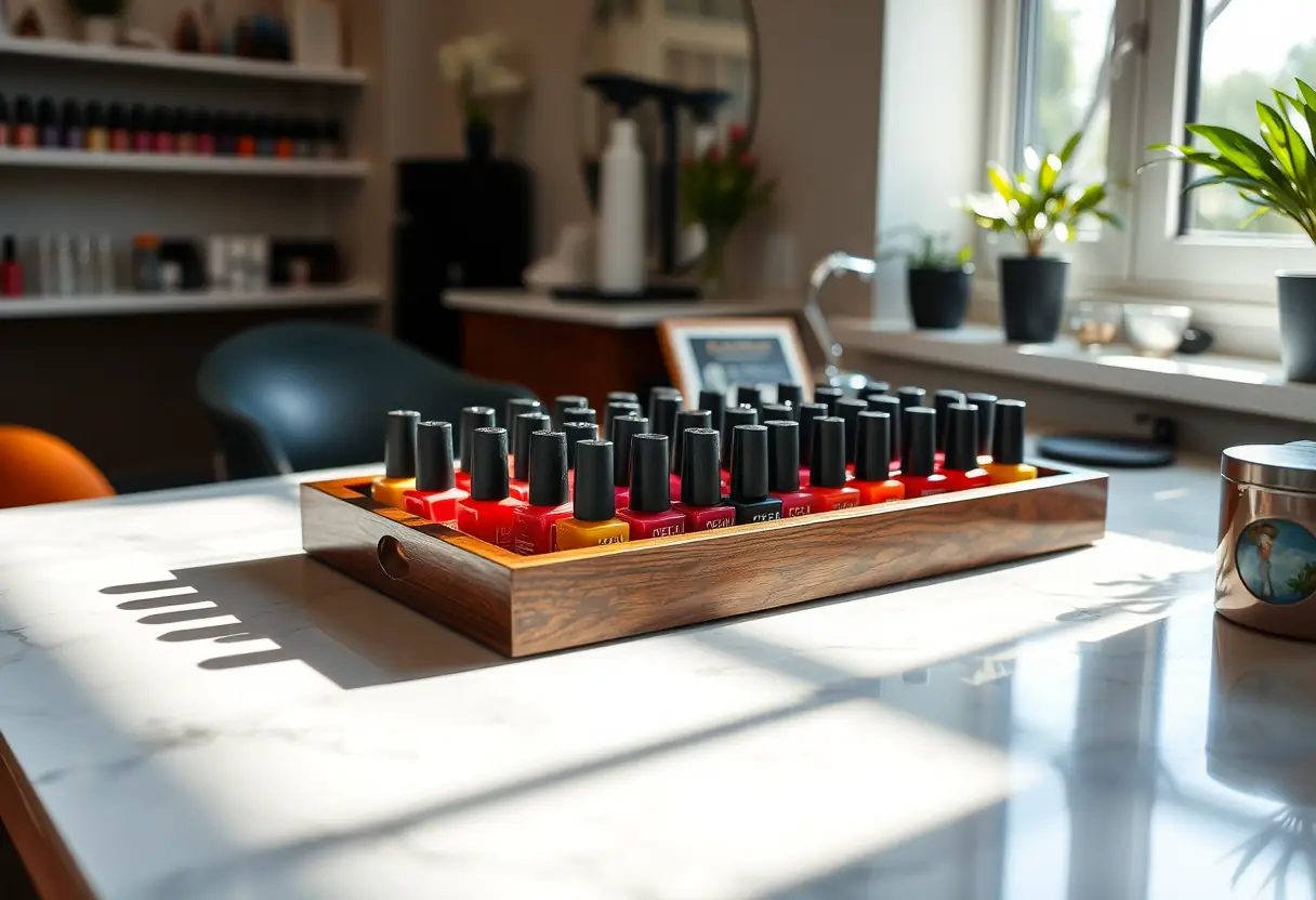 Bouteilles de vernis rangées sur un plateau de bois dans un salon