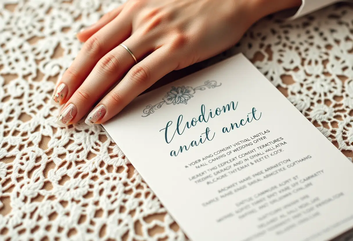 Main de femme gantée d'un motif de nail art élégant posée sur une nappe dentelle, pour un mariage
