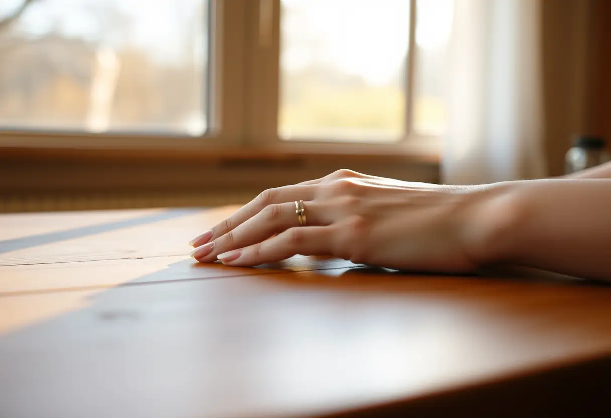 Mains féminines sur une table en bois, ongles peints en rose gradient, lumière naturelle