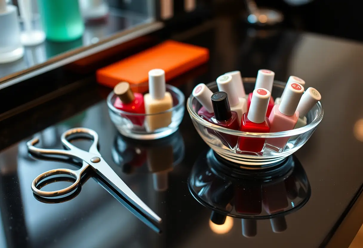 Scie à côté d'un bol de vernis à ongles colorés sur un comptoir de salon, lumière douce