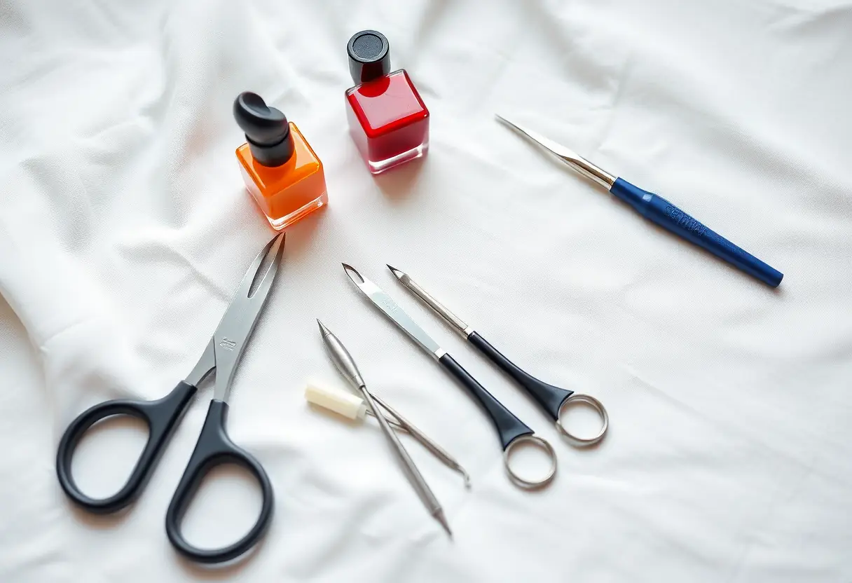 Outils de prothésiste ongulaire disposés sur un tissu blanc, avec bouteilles de vernis coloré