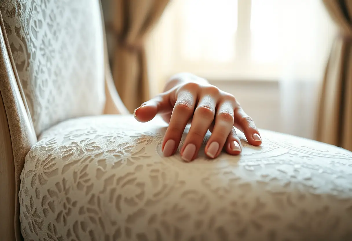 Main de future mariée peinte en rose poudré sur fond de fenêtre éclairée