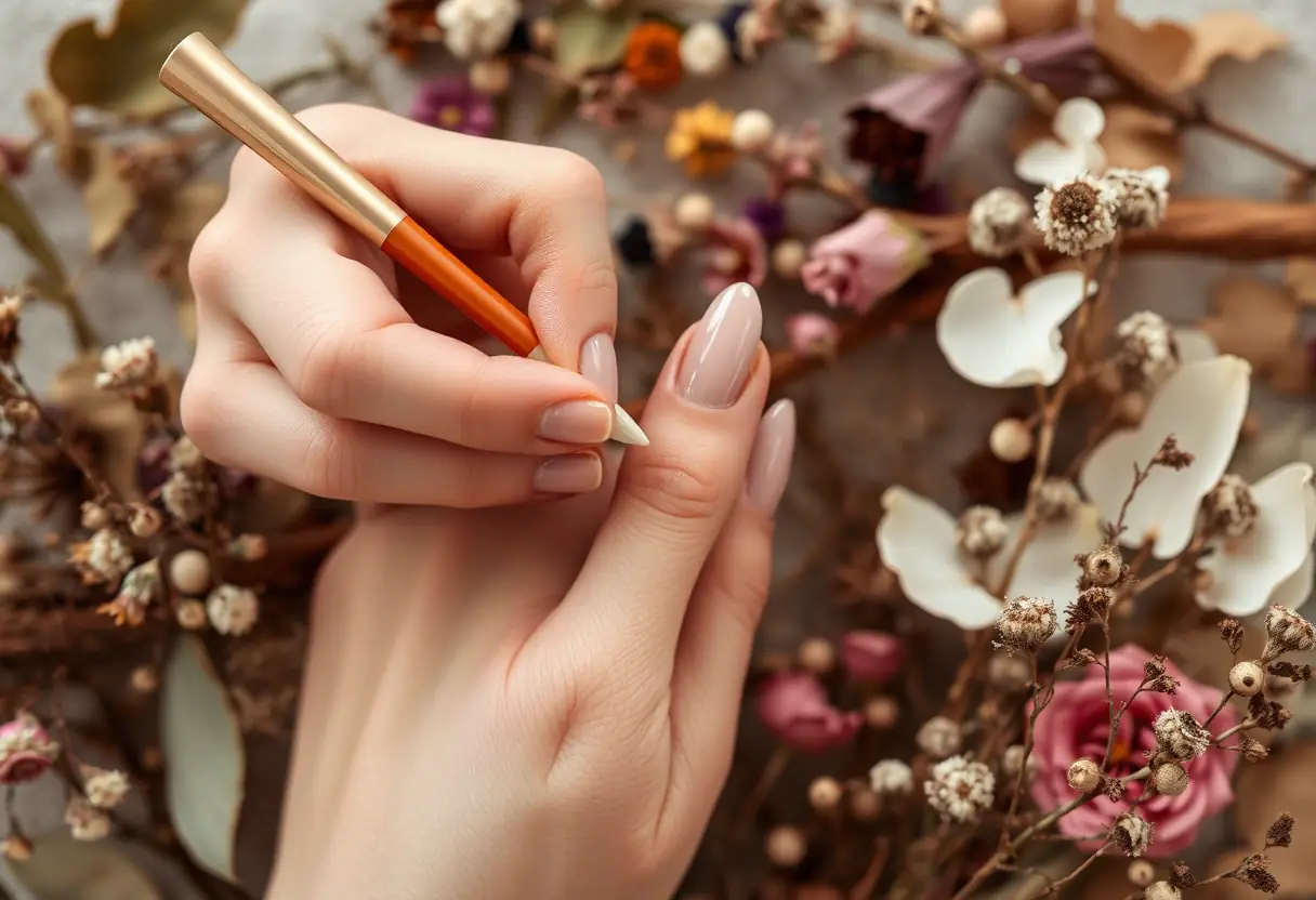 Des mains appliquant une teinte naturelle sur des ongles en amande entourés de fleurs sèches, illustrant la beauté bohème des ongles de mariage