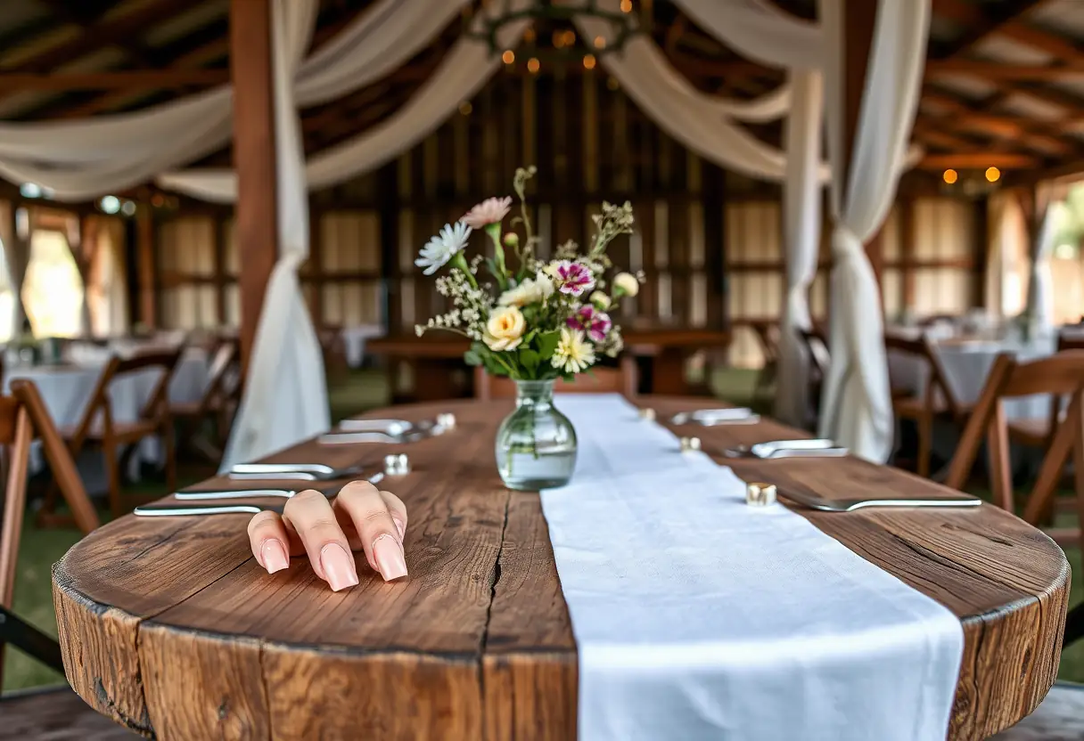 Ongles naturels sur une table de mariage champêtre