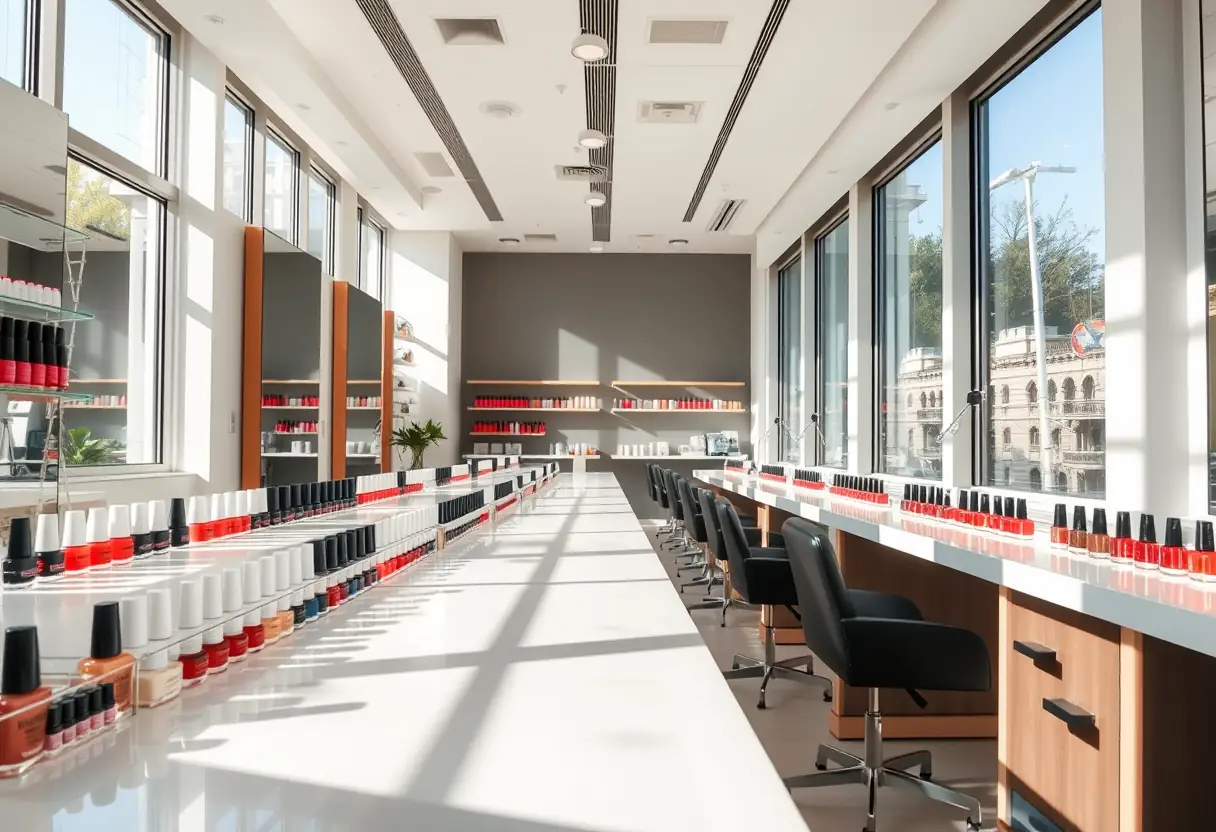 Station de manucure dans un salon moderne avec divers vernis bien rangés pour une belle manucure de mariage