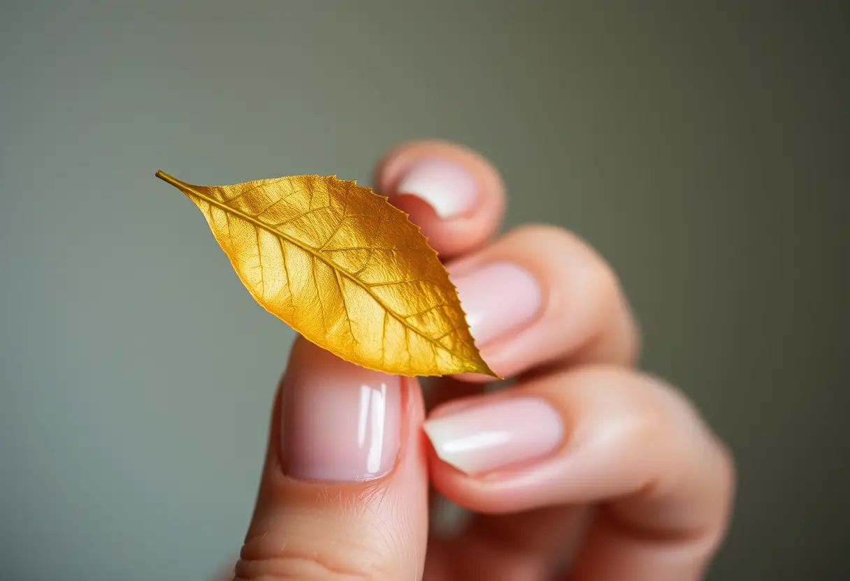 Main de future mariée tenant une fine feuille d'or sur un ongle peint