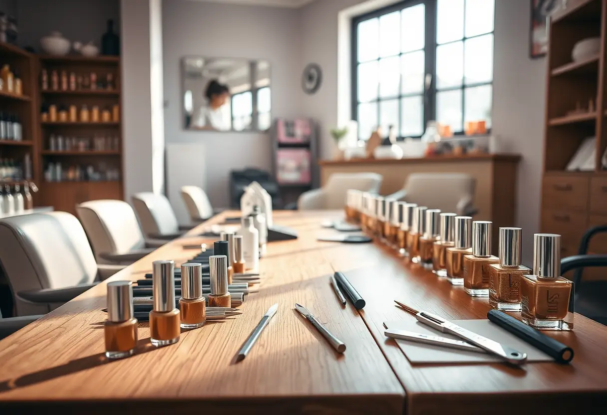 Intérieur d'un salon de nail art avec des outils et vernis dorés sur une table en bois
