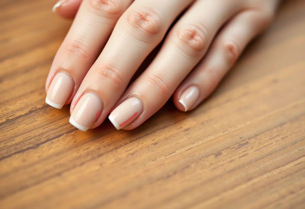 Main de mariée aux ongles nudes avec touches de rose pâle