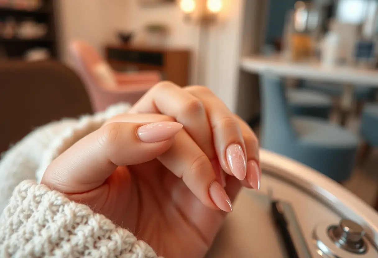Ongles de mariage en blush dans un salon coquet