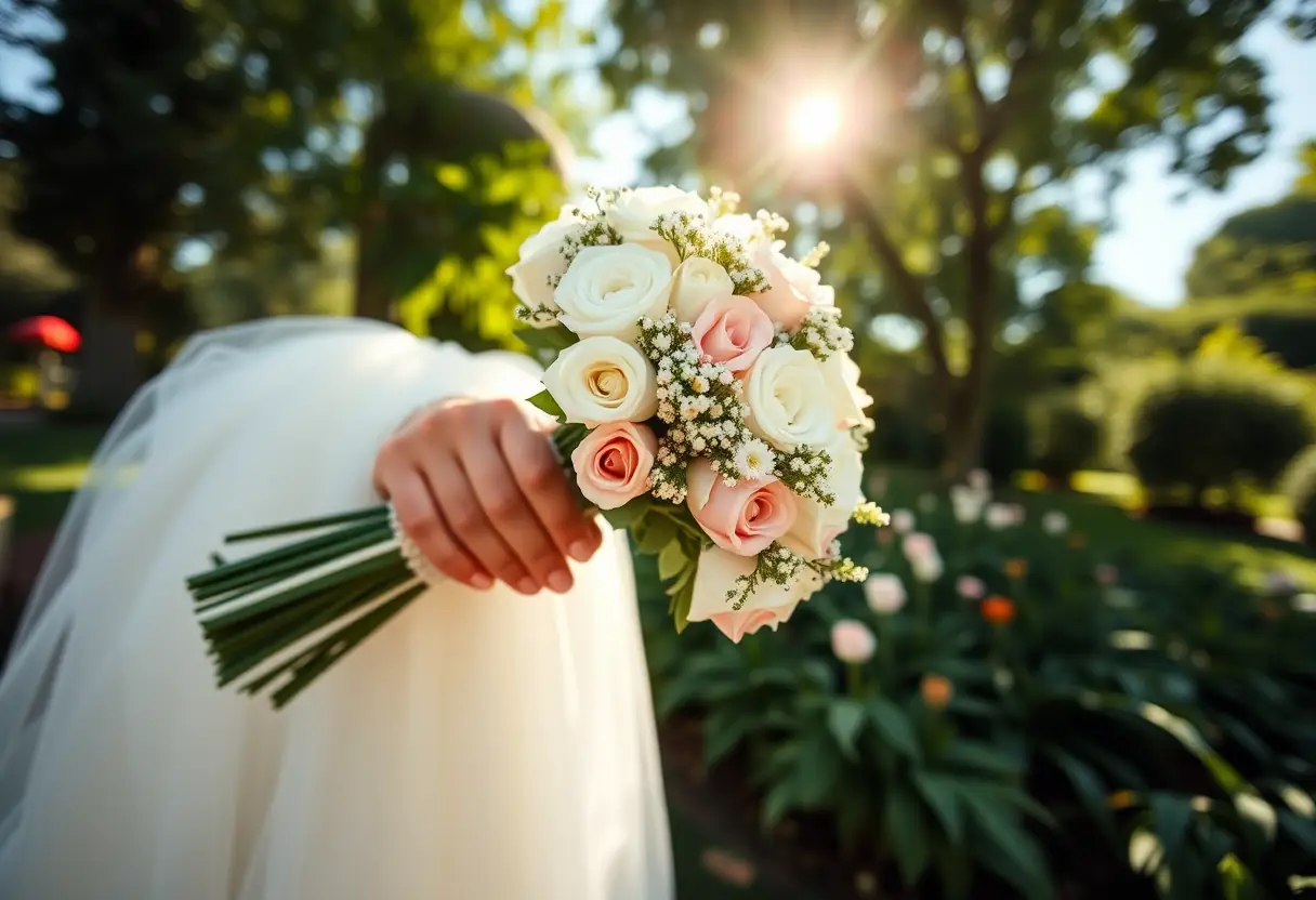 Main de la mariée tenant son bouquet dans un jardin ensoleillé
