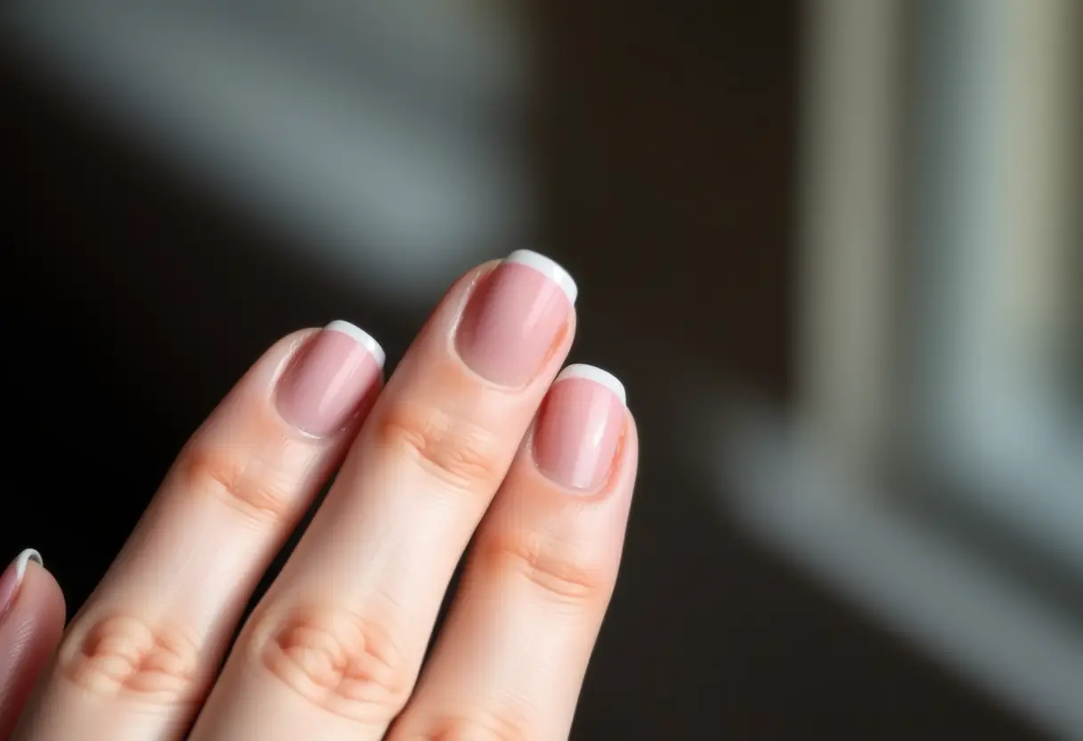 Main de mariée aux ongles roses avec effet pailleté
